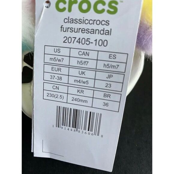 CROCS Classic Fur Sure Sandals Unisex Sz 7 Women’s White Rainbow NWT - Picture 4 of 8